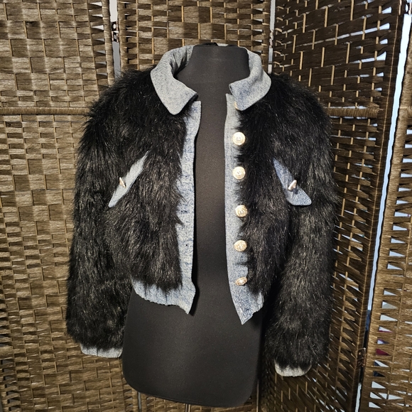 Furry Cropped w Dennin Trim Jacket - Picture 7 of 7